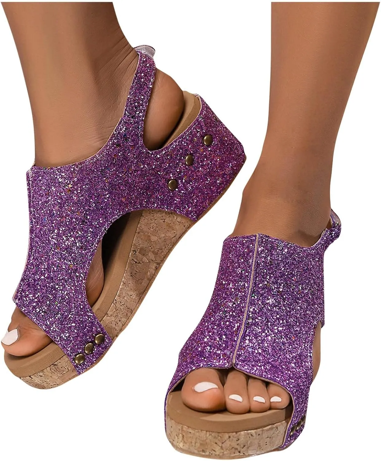 Wedges Heels for Women Dressy, Women's Cork Platform Wedge Sandals Glitter Low Heel Open Toe Ankle Strap Comfortable Orthopedic Wedges Ladies Casual Summer Shoes (c-Purple, 9)