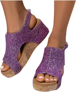 Wedges Heels for Women Dressy, Women's Cork Platform Wedge Sandals Glitter Low Heel Open Toe Ankle Strap Comfortable Orthopedic Wedges Ladies Casual Summer Shoes (c-Purple, 9)