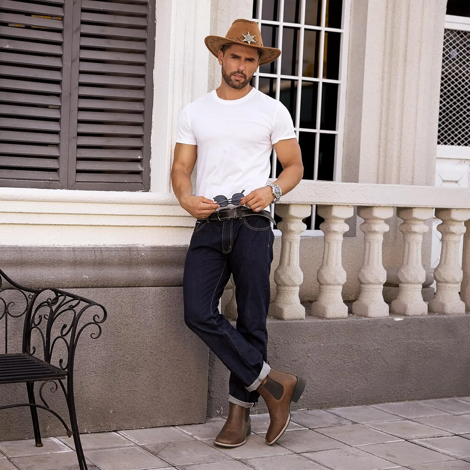Western Cowboy Boots for Men - Mens Square Toe Chelsea Boots Ankle Cowboy Boots for Men Casual Retro Stylish Boots