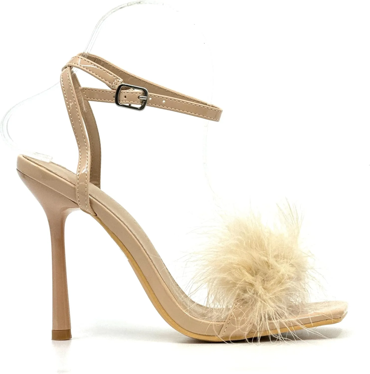 Wild Diva Women's Fluffy Fur High Heel Ankle Strap Sandals
