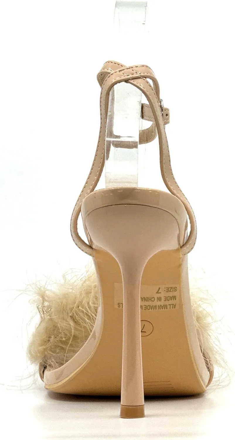 Wild Diva Women's Fluffy Fur High Heel Ankle Strap Sandals