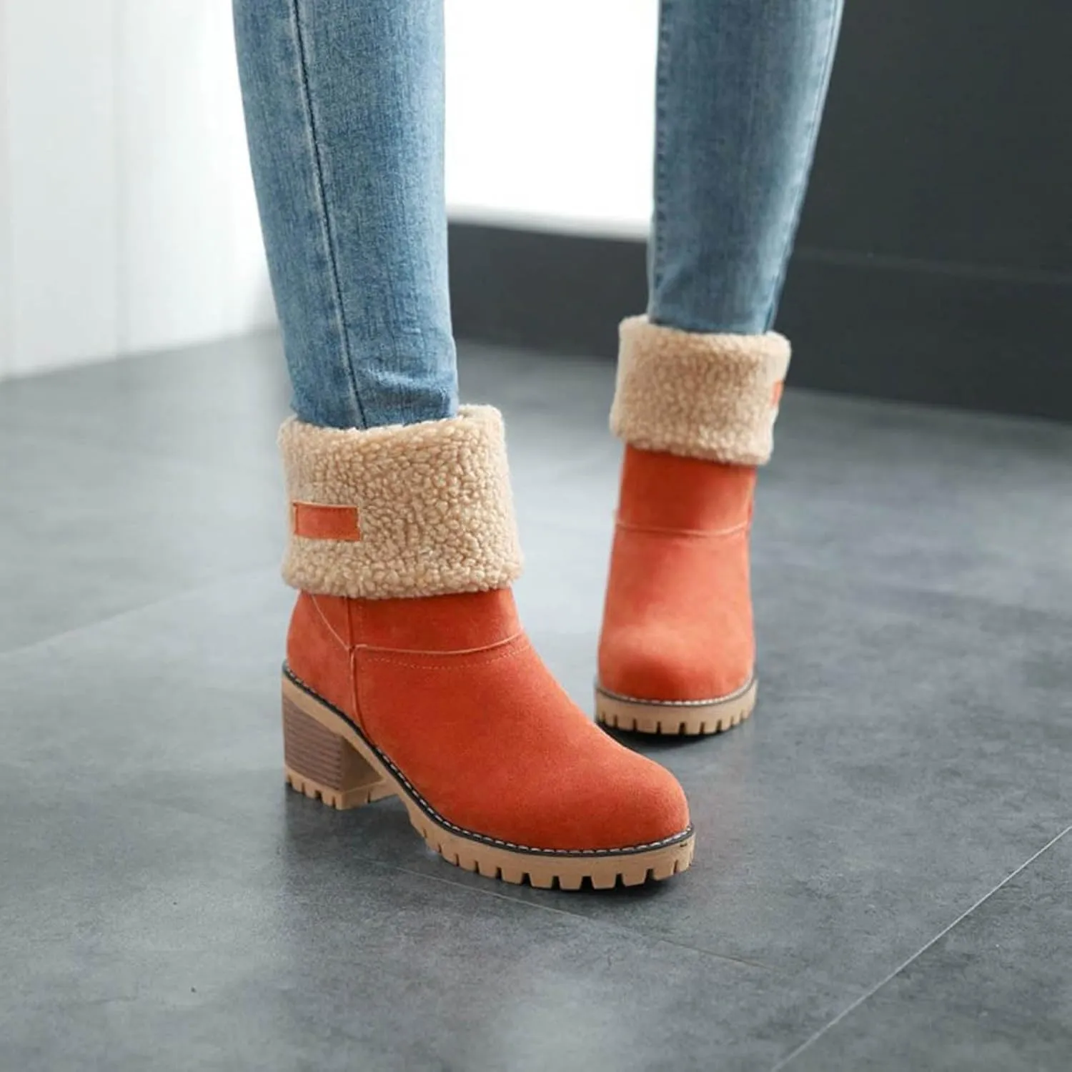 Winter Boots for Women Warm Comfortable Slip On Ankle Boots for Women Chunky Heel Suede Snow Boots Fur Lined Mid Calf Boots Outdoor Shoes