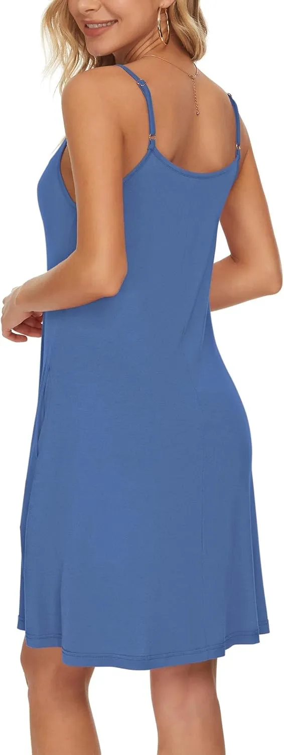WNEEDU Women's Summer Spaghetti Strap Button Down V Neck Casual Beach Cover Up Dress with Pockets