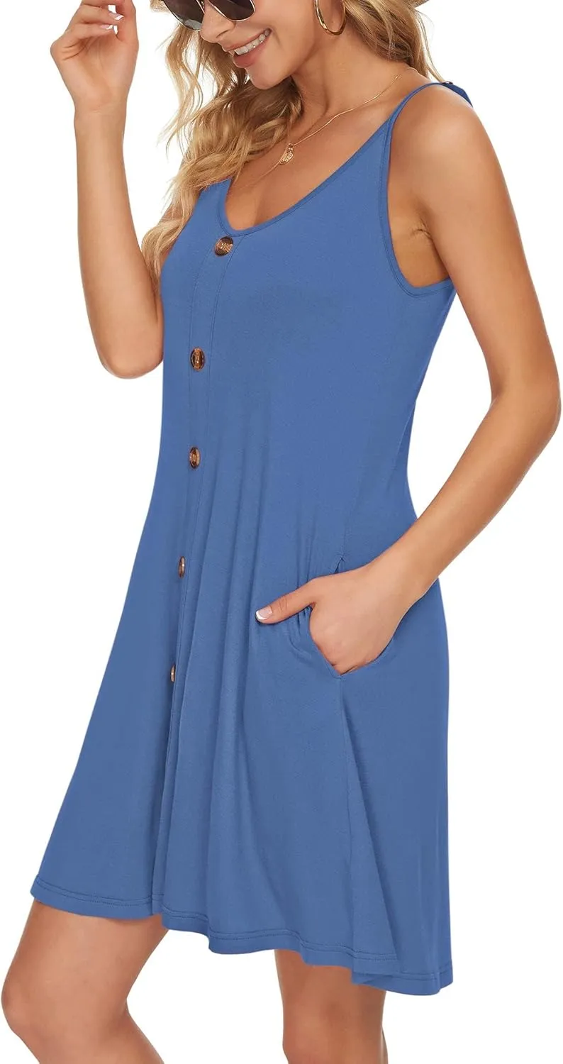 WNEEDU Women's Summer Spaghetti Strap Button Down V Neck Casual Beach Cover Up Dress with Pockets
