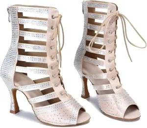 Women Ballroom Dance Boots Rhinestone Handmade Sandals Latin Salsa Modern Practice Performance Dance Boots Shoes