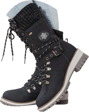 Women Buckle Knitted Mid Calf Boots Winter Warm Lace up Outdoor Casual Cowboy Boots Round Toe Dressy Snow Booties