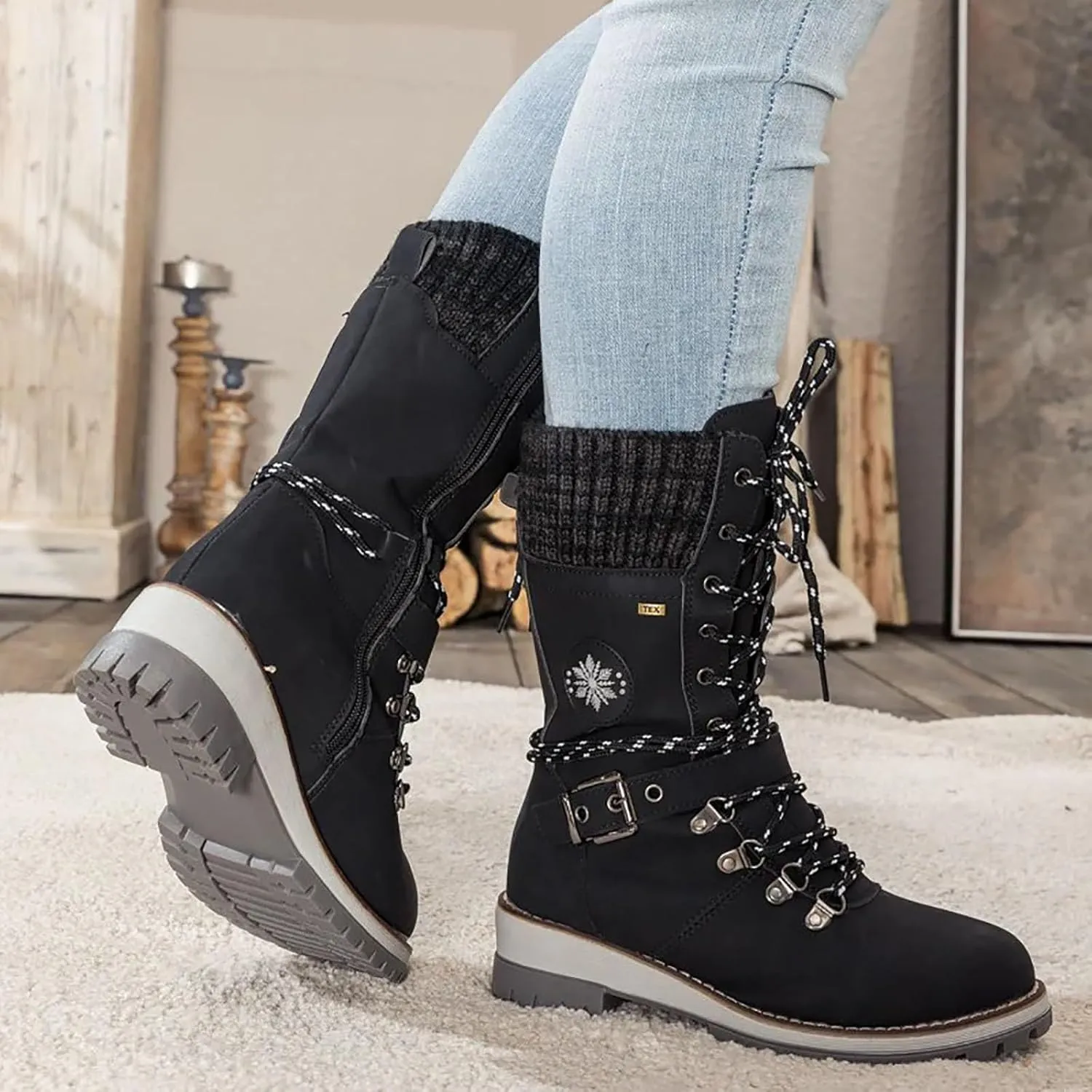 Women Buckle Knitted Mid Calf Boots Winter Warm Lace up Outdoor Casual Cowboy Boots Round Toe Dressy Snow Booties