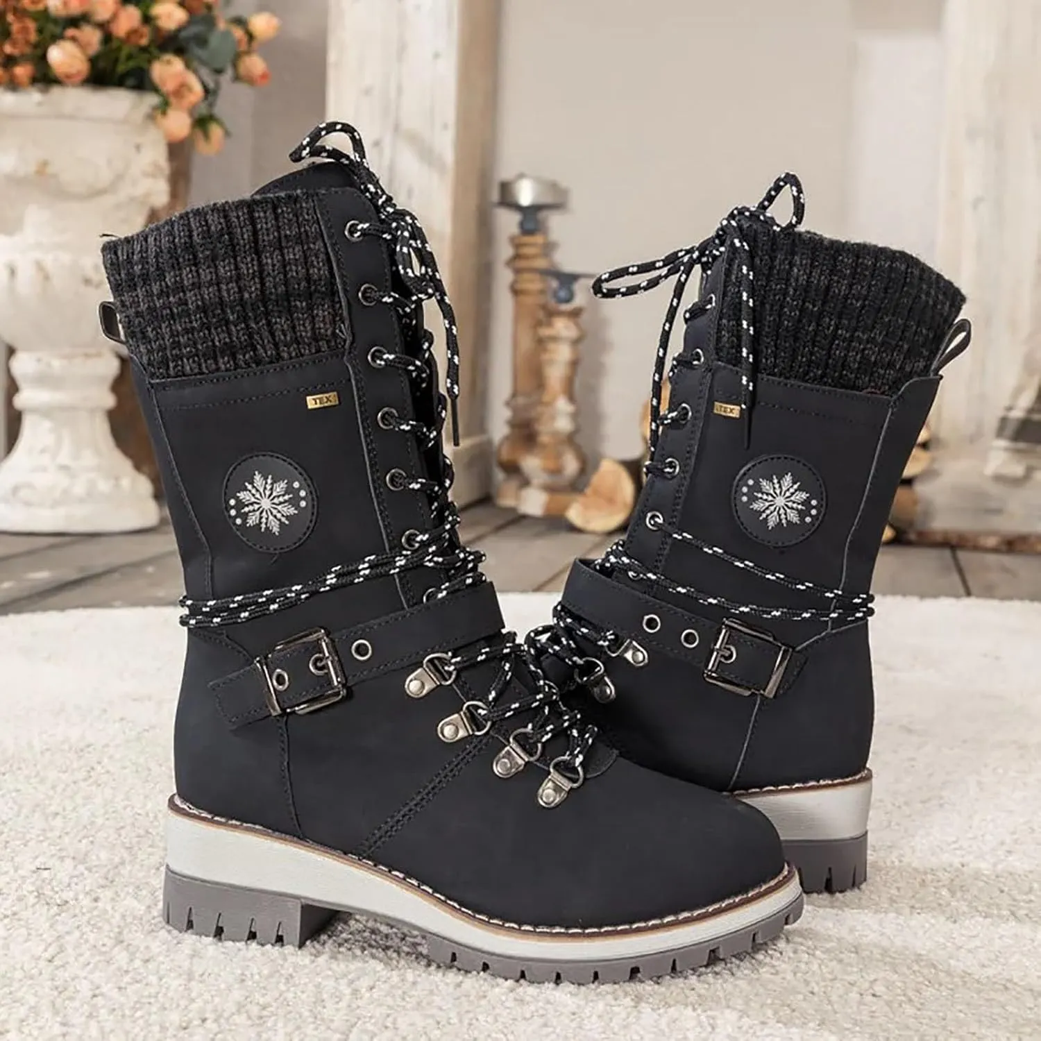 Women Buckle Knitted Mid Calf Boots Winter Warm Lace up Outdoor Casual Cowboy Boots Round Toe Dressy Snow Booties