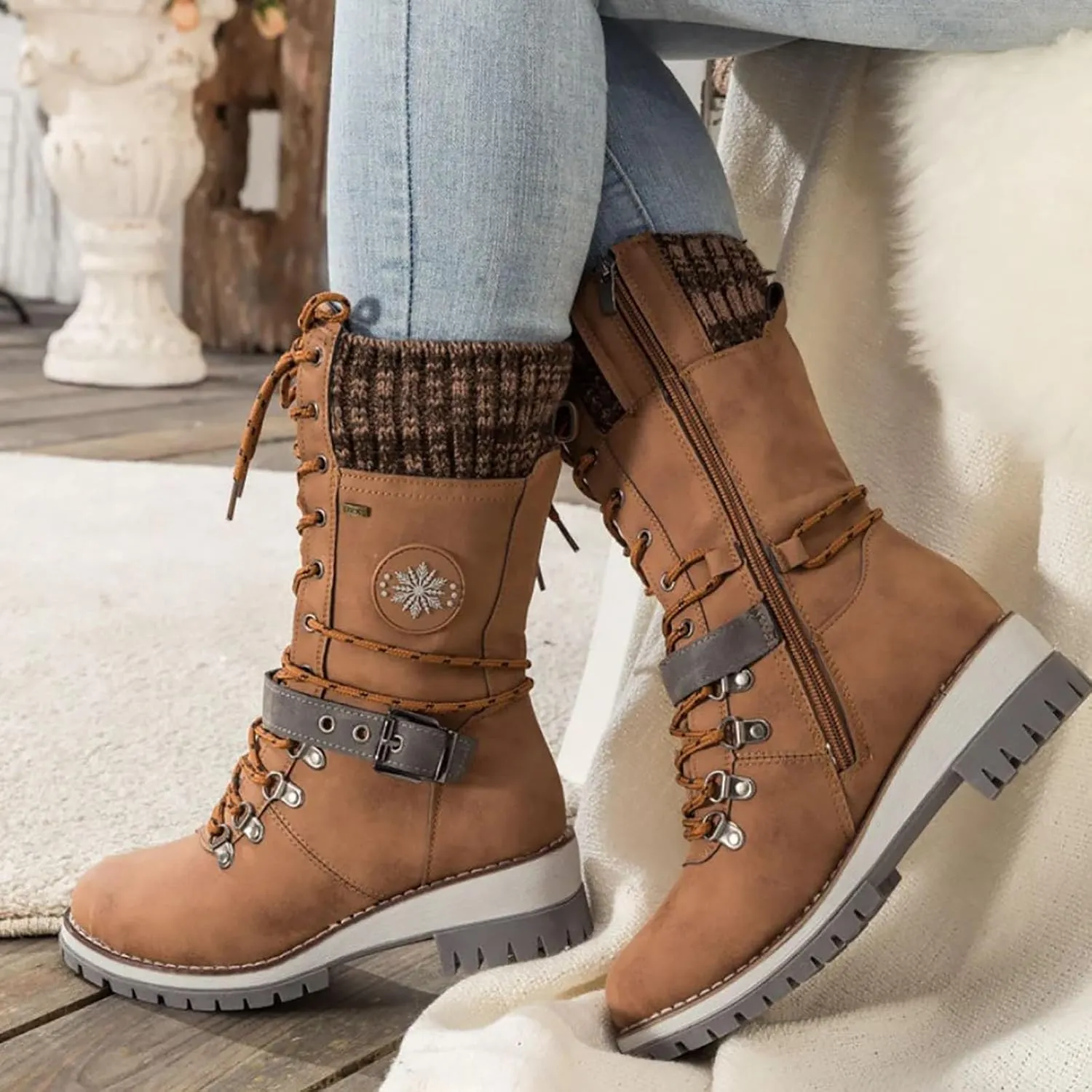 Women Buckle Knitted Mid Calf Boots Winter Warm Lace up Outdoor Casual Cowboy Boots Round Toe Dressy Snow Booties
