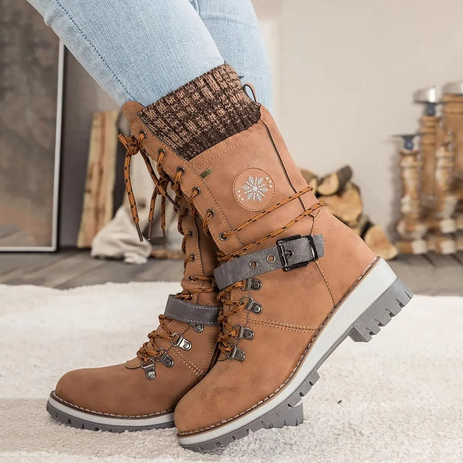 Women Buckle Knitted Mid Calf Boots Winter Warm Lace up Outdoor Casual Cowboy Boots Round Toe Dressy Snow Booties
