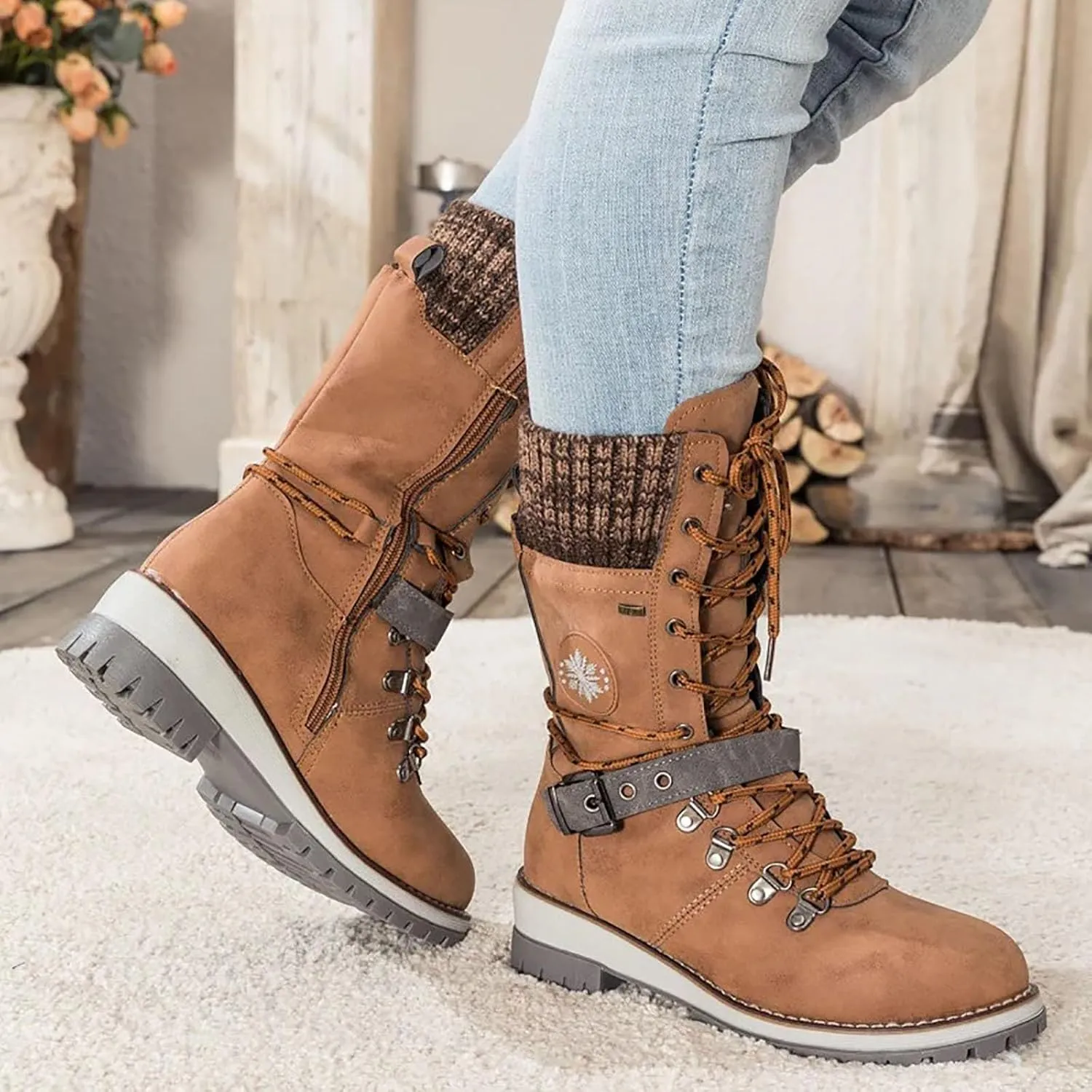 Women Buckle Knitted Mid Calf Boots Winter Warm Lace up Outdoor Casual Cowboy Boots Round Toe Dressy Snow Booties