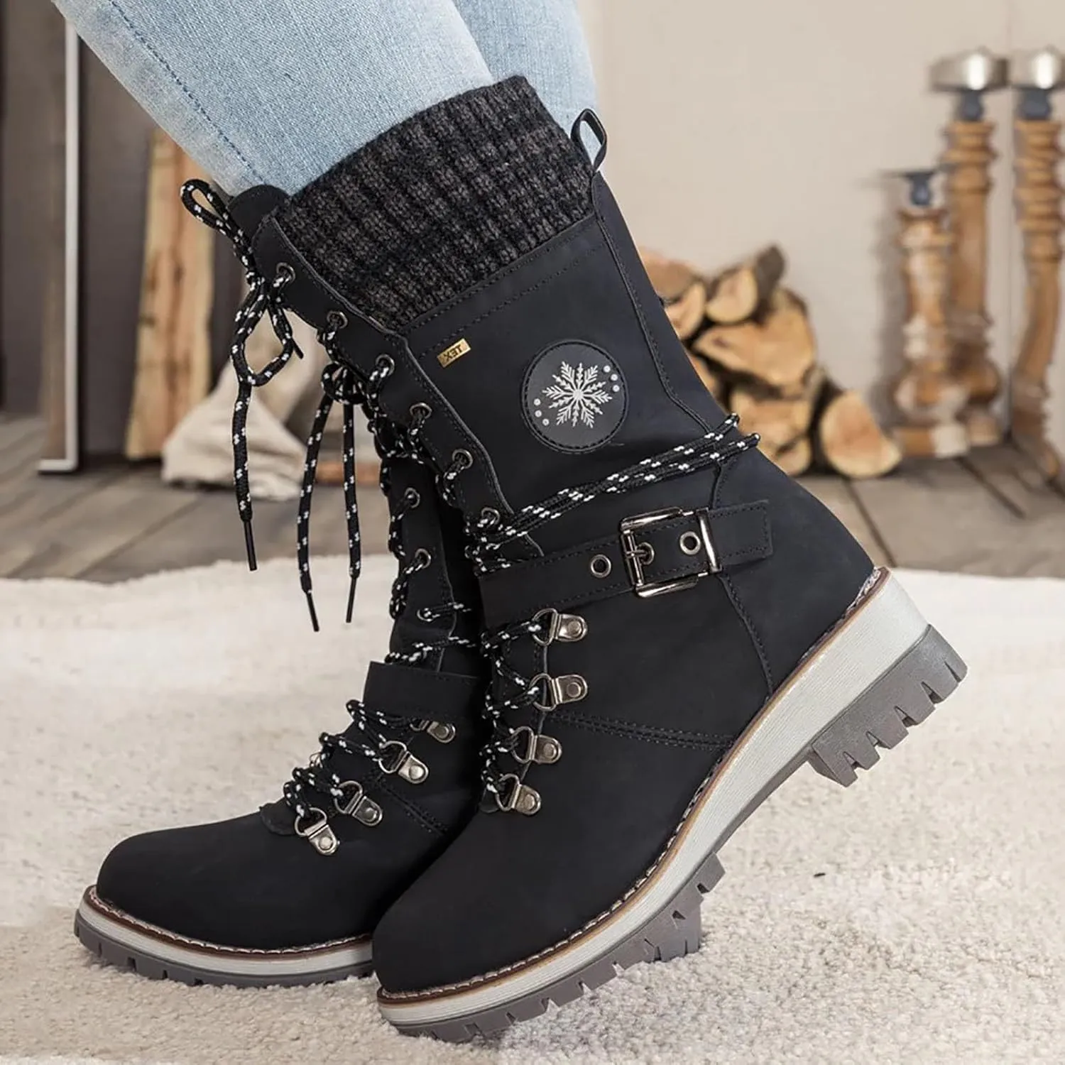 Women Buckle Knitted Mid Calf Boots Winter Warm Lace up Outdoor Casual Cowboy Boots Round Toe Dressy Snow Booties