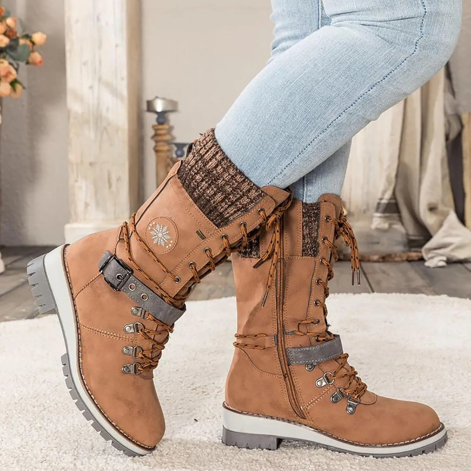 Women Buckle Knitted Mid Calf Boots Winter Warm Lace up Outdoor Casual Cowboy Boots Round Toe Dressy Snow Booties