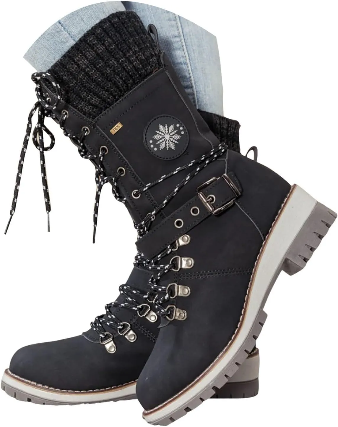 Women Buckle Knitted Mid Calf Boots Winter Warm Lace up Outdoor Casual Cowboy Boots Round Toe Dressy Snow Booties