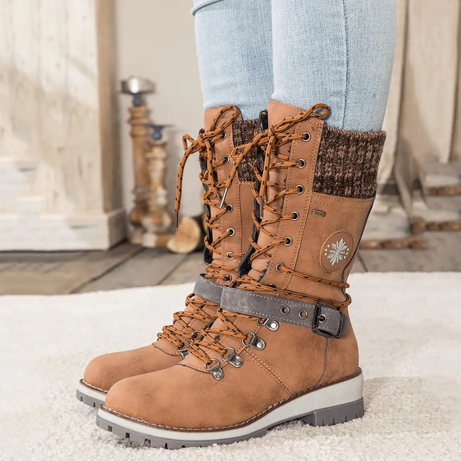 Women Buckle Knitted Mid Calf Boots Winter Warm Lace up Outdoor Casual Cowboy Boots Round Toe Dressy Snow Booties