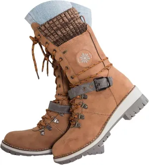Women Buckle Knitted Mid Calf Boots Winter Warm Lace up Outdoor Casual Cowboy Boots Round Toe Dressy Snow Booties