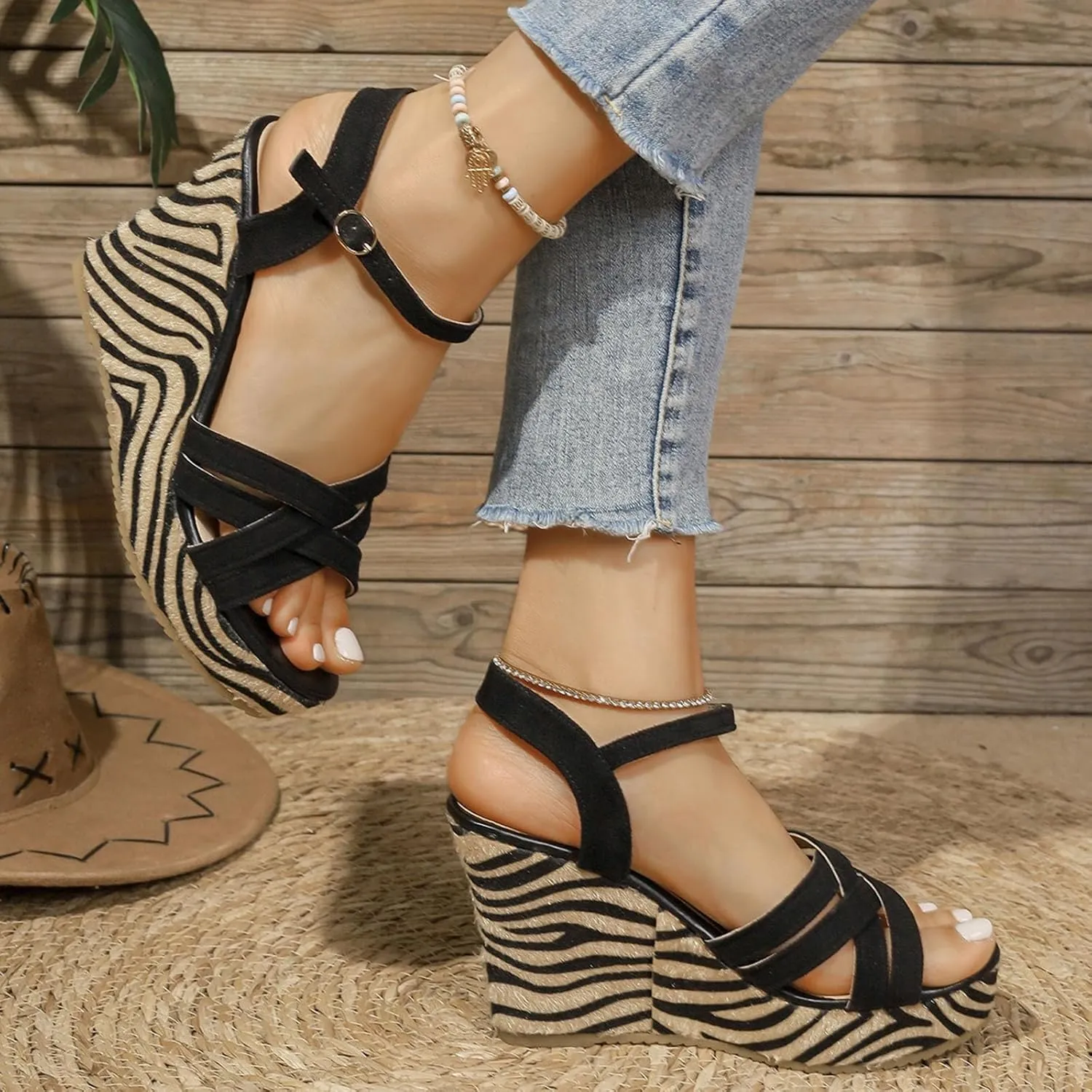 Women Open Toe Dressy Platform Sandals Fashion Zebra Print Footbed Ankle Strap Wedge Sandal Buckle Ankle Strap Heels
