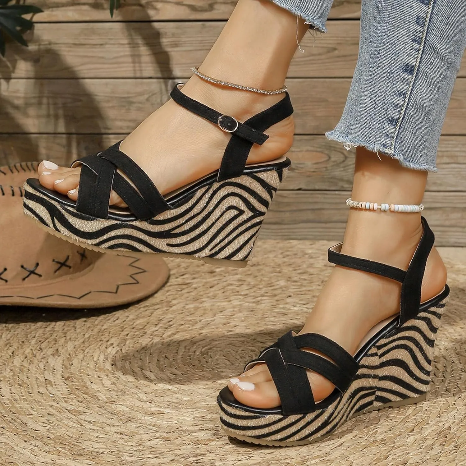 Women Open Toe Dressy Platform Sandals Fashion Zebra Print Footbed Ankle Strap Wedge Sandal Buckle Ankle Strap Heels