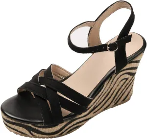 Women Open Toe Dressy Platform Sandals Fashion Zebra Print Footbed Ankle Strap Wedge Sandal Buckle Ankle Strap Heels