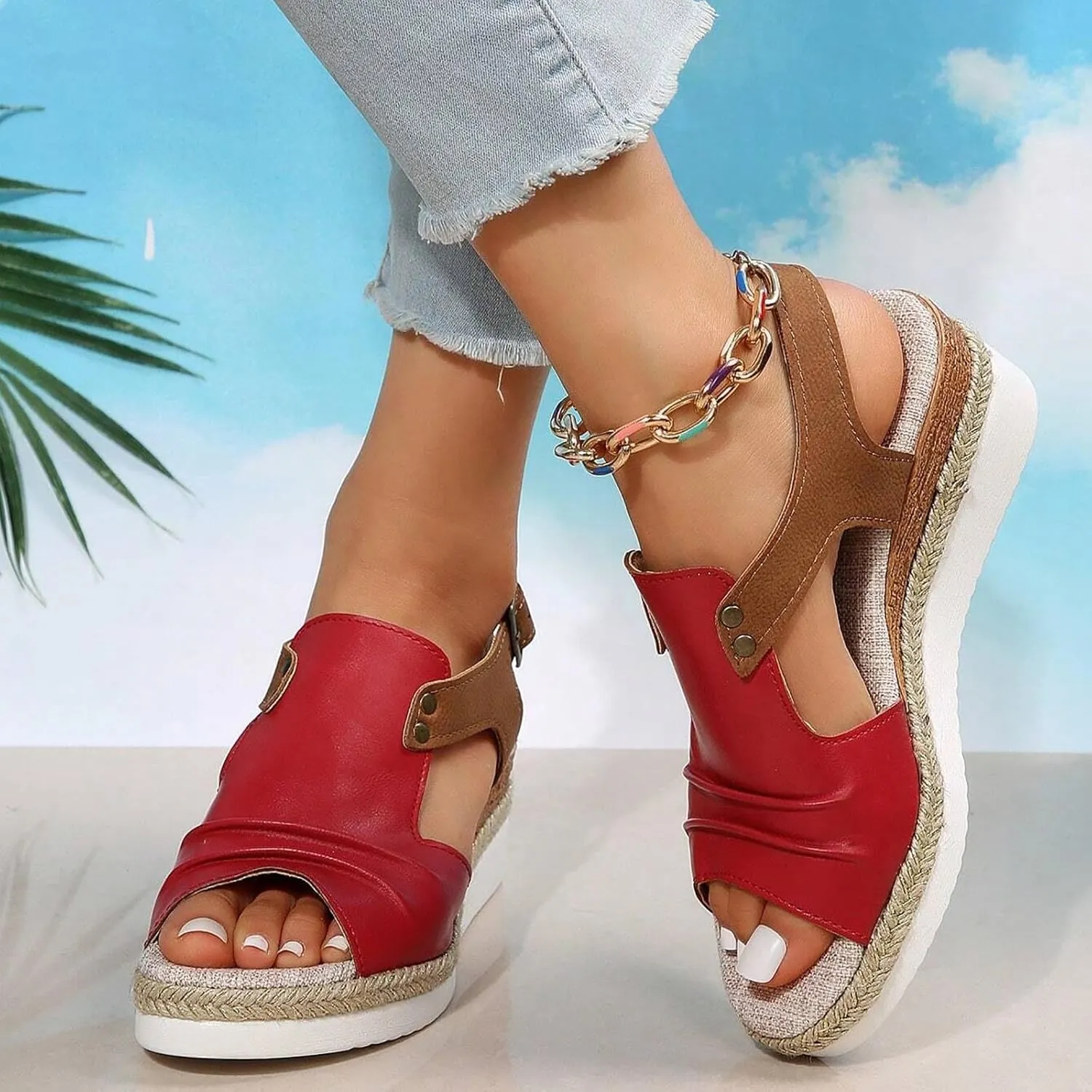 Women Orthopedic Sandals Dressy Summer,Women Walking Slippers with Arch Support Wedge Sandals Summer Dressy Open Toe Ankle Strap Platform Beach Casual Slip on Sandals Beach Dress Comfortable