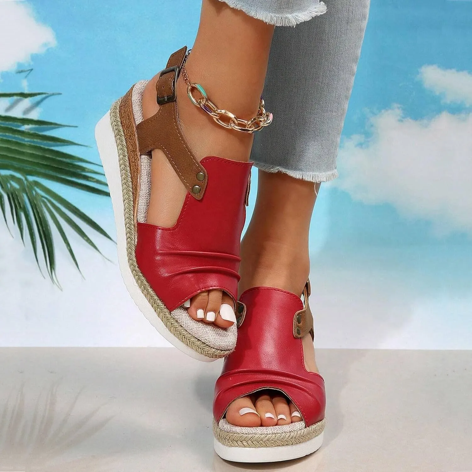 Women Orthopedic Sandals Dressy Summer,Women Walking Slippers with Arch Support Wedge Sandals Summer Dressy Open Toe Ankle Strap Platform Beach Casual Slip on Sandals Beach Dress Comfortable