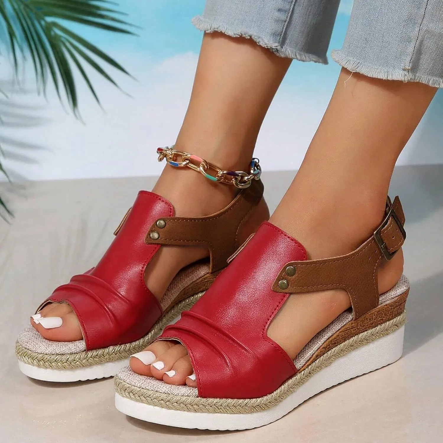 Women Orthopedic Sandals Dressy Summer,Women Walking Slippers with Arch Support Wedge Sandals Summer Dressy Open Toe Ankle Strap Platform Beach Casual Slip on Sandals Beach Dress Comfortable