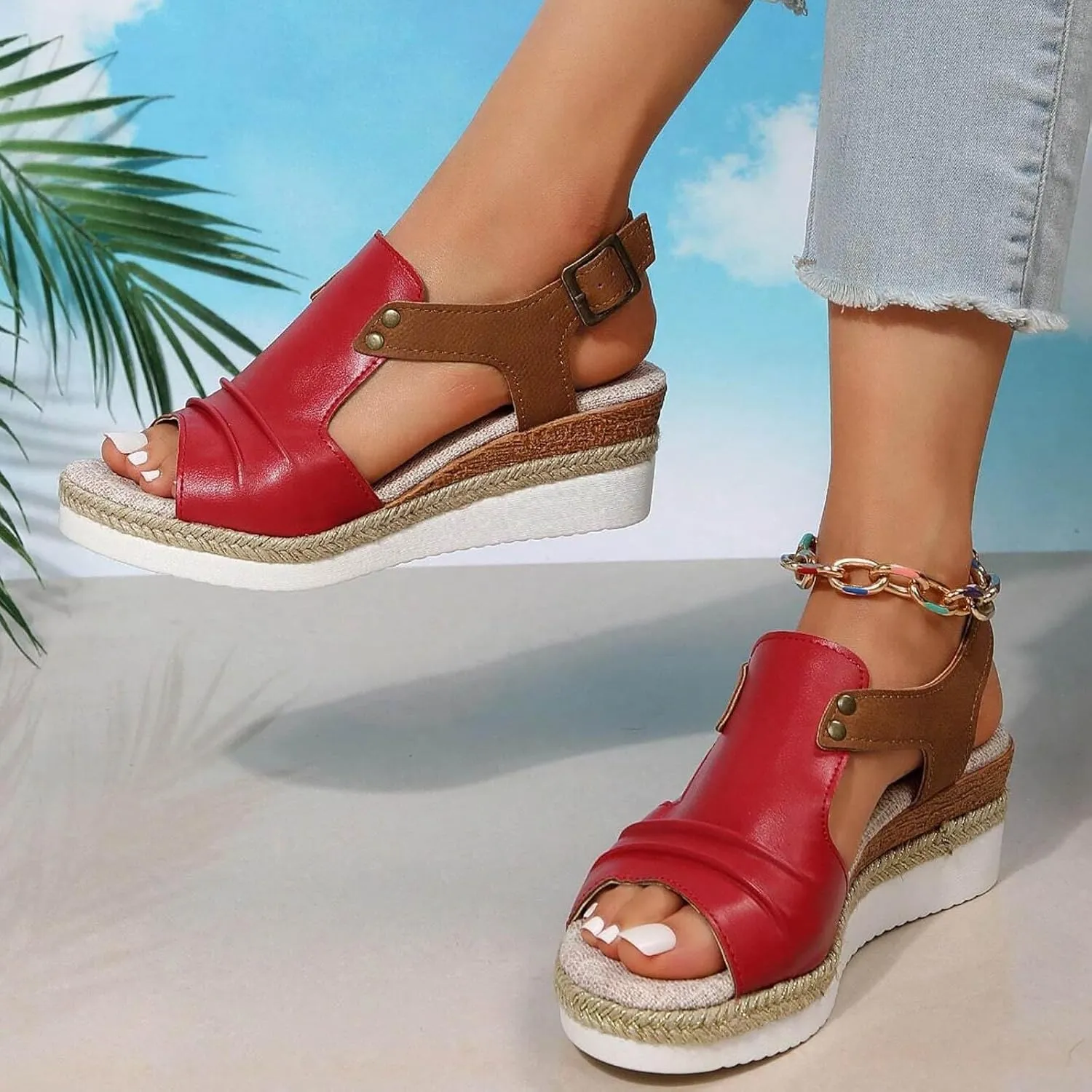 Women Orthopedic Sandals Dressy Summer,Women Walking Slippers with Arch Support Wedge Sandals Summer Dressy Open Toe Ankle Strap Platform Beach Casual Slip on Sandals Beach Dress Comfortable