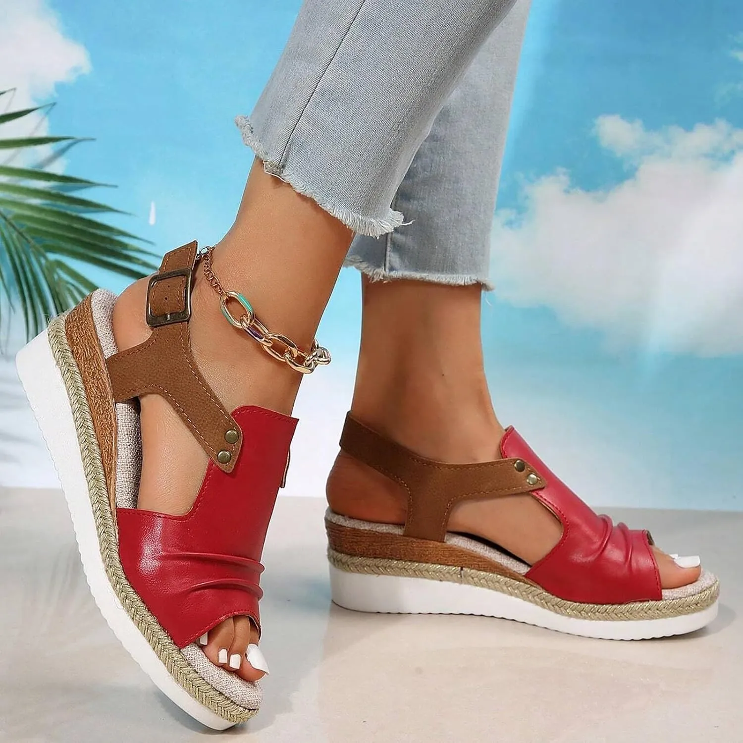 Women Orthopedic Sandals Dressy Summer,Women Walking Slippers with Arch Support Wedge Sandals Summer Dressy Open Toe Ankle Strap Platform Beach Casual Slip on Sandals Beach Dress Comfortable