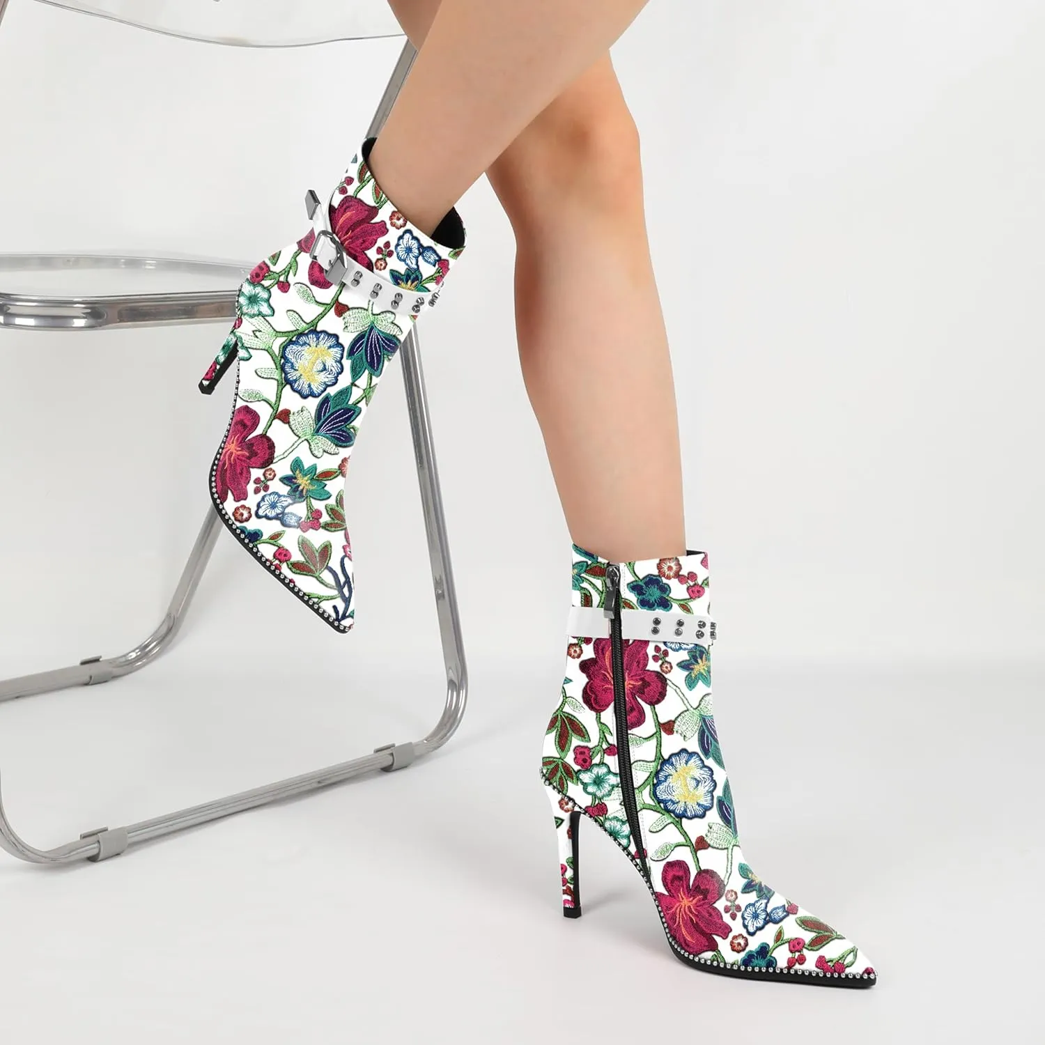 Women Stiletto High Heel Beaded Ankle Boots Pointed Toe Side Zipper Buckle Matte Leather Dress Booties 3.5 Inch