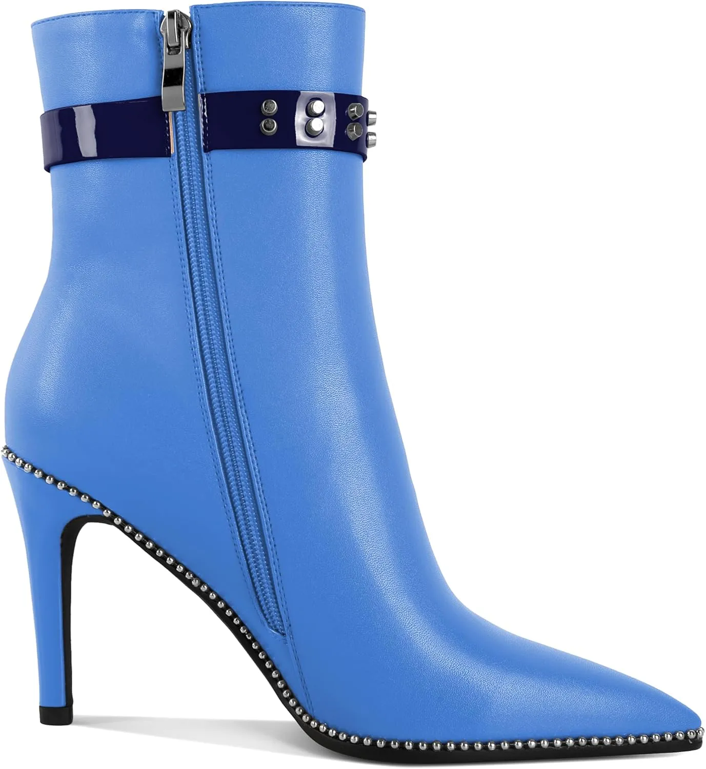 Women Stiletto High Heel Beaded Ankle Boots Pointed Toe Side Zipper Buckle Matte Leather Dress Booties 3.5 Inch