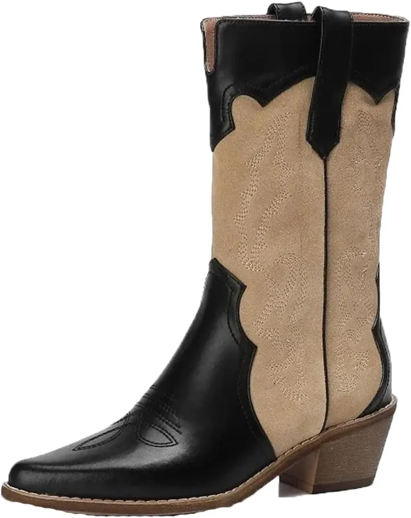 Women Winter Warm Fleece Western Boots Retro Embroidered Patchwork Ankle Cowgirl Boots Chunky Heel Street Shoes
