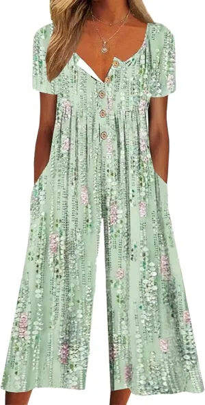 Women's 2025 Jumpsuits Dressy Casual Black One Piece Outfits Half Sleeve V Neck White Floral Print Pants Rompers