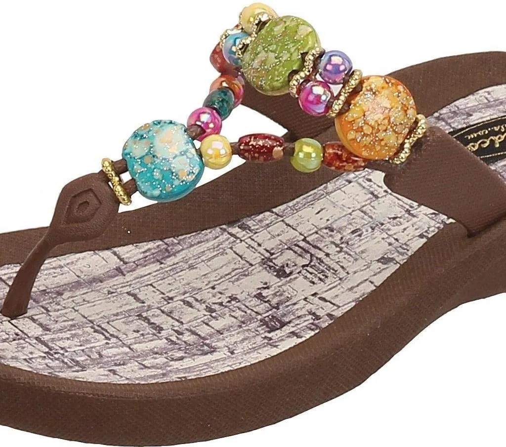 Women's 24770G Marble Cork Beaded Waterproof Molded Sole Beach Thong Sandals