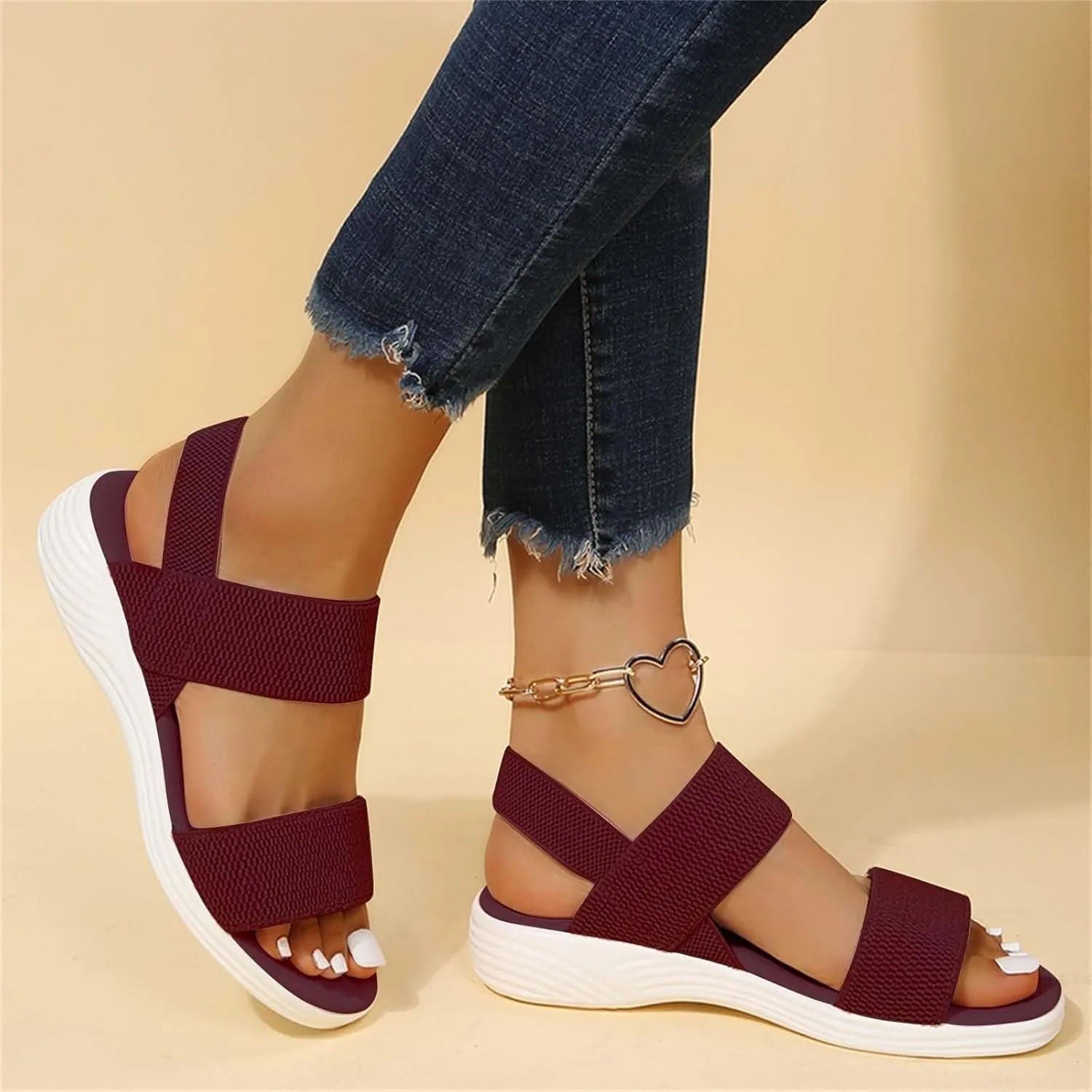 Women's Backstrap Sandal Casual Platform Open Toe Wedge Sandals Stroll Flat Walking Air Cushion Comfort Summer Shoes Knit Elastic Ankle Strap Platfor Slippers