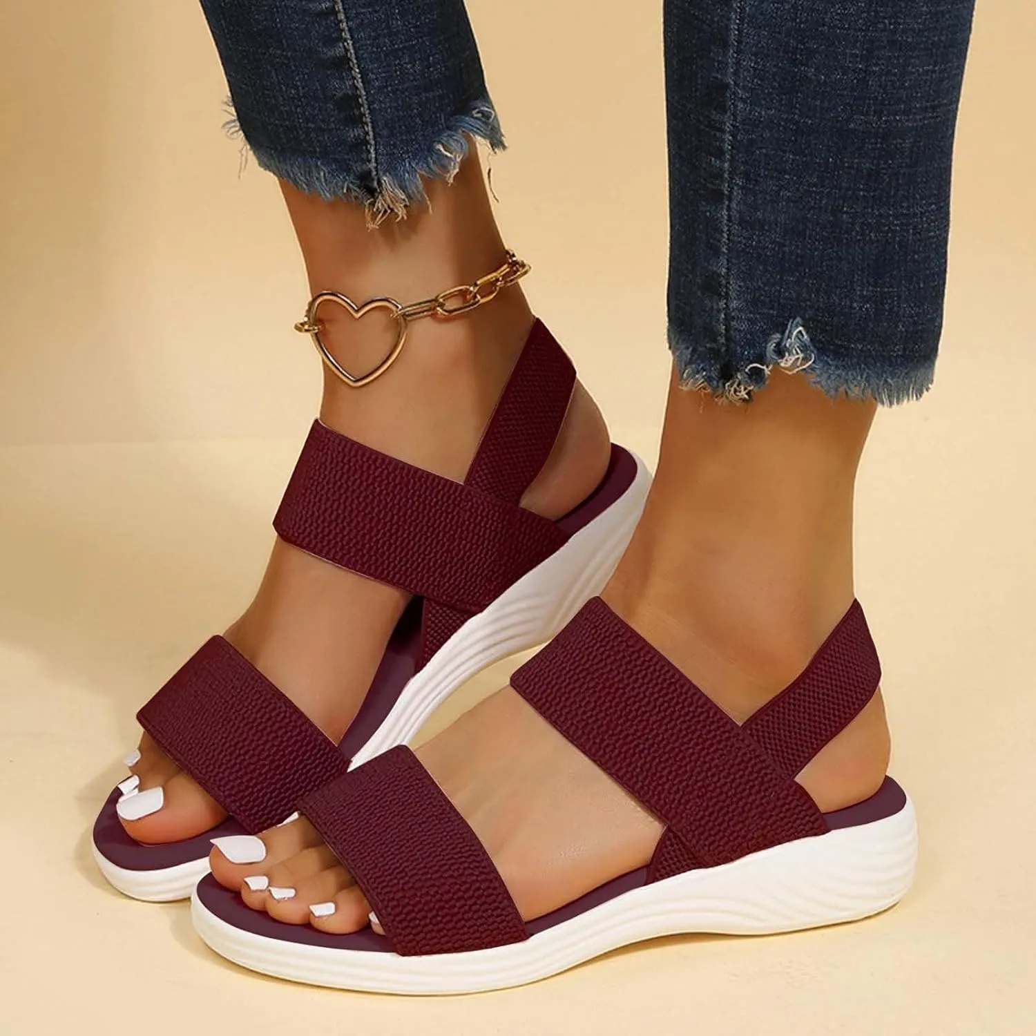 Women's Backstrap Sandal Casual Platform Open Toe Wedge Sandals Stroll Flat Walking Air Cushion Comfort Summer Shoes Knit Elastic Ankle Strap Platfor Slippers