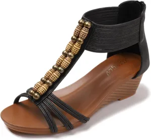 Women's Bohemian Beaded Wedge Sandals - Comfortable Open-Toe Platform Summer Sandals with Back Zipper for Beach Casual Dresses & Outdoor