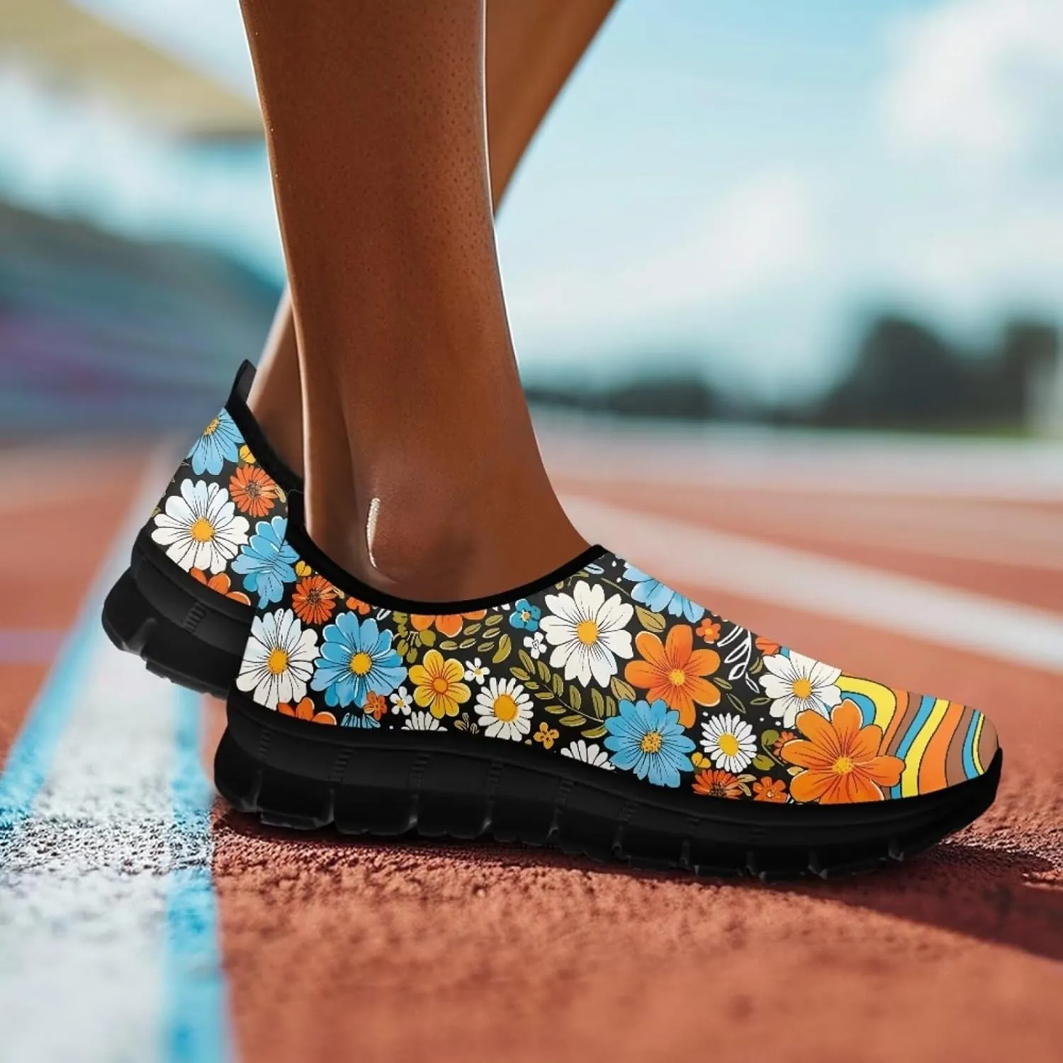 Women's Casual Walking Shoes with Flower,Slip On Mesh Sneakers Lightweight Anti Slip Running Shoes Gym Workout Shoes Trainers