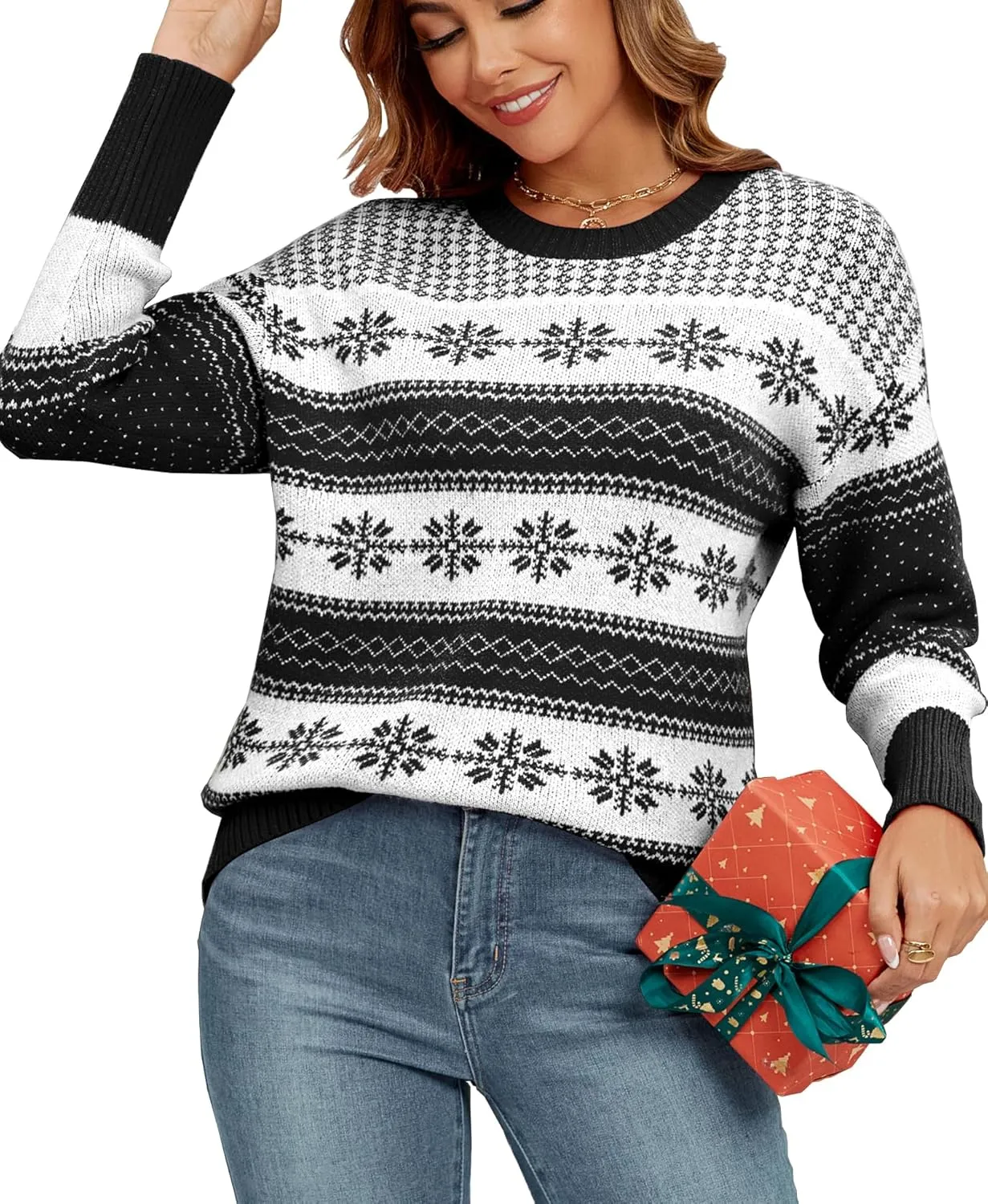 Women's Christmas Sweaters Ugly Knitted Pullover Fall Sweater Crew Neck Long Sleeve Jumper Tops for Party