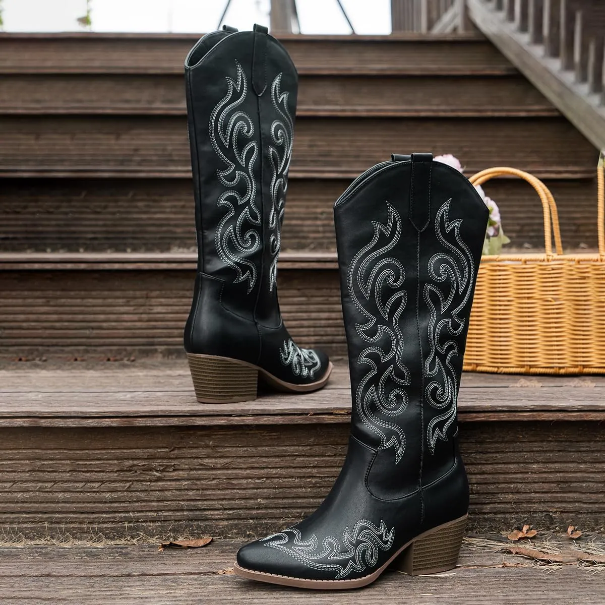 Women's Chunky Heel Western Cowboy Boots Stylish Side Zipper Boots Fashion Pointed Toe Long Boots