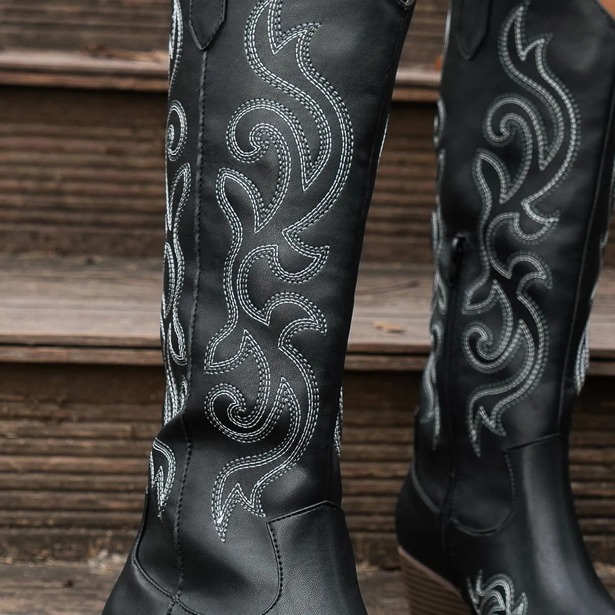 Women's Chunky Heel Western Cowboy Boots Stylish Side Zipper Boots Fashion Pointed Toe Long Boots