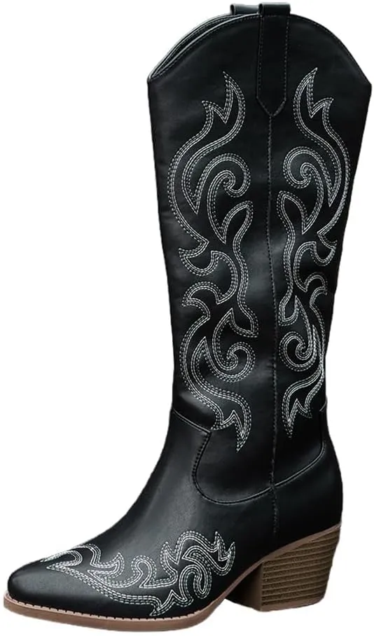 Women's Chunky Heel Western Cowboy Boots Stylish Side Zipper Boots Fashion Pointed Toe Long Boots