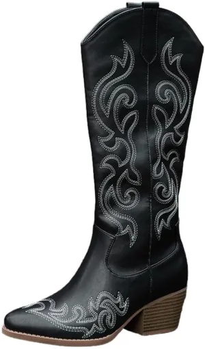 Women's Chunky Heel Western Cowboy Boots Stylish Side Zipper Boots Fashion Pointed Toe Long Boots