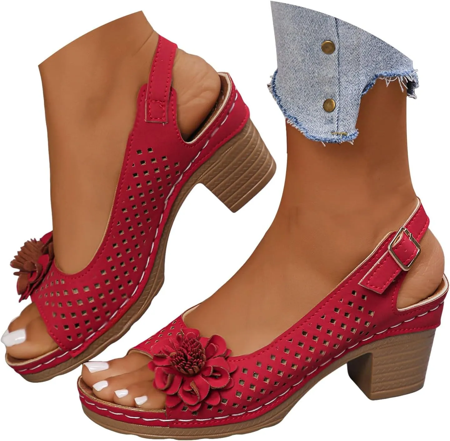 Womens Chunky High Block Heels Sandals 2025 Summer Fish Mouth Flowers Casual Ankle Strap Hollow Out Platform Wedge Open Toe Arch Support Casual Boho Sandal