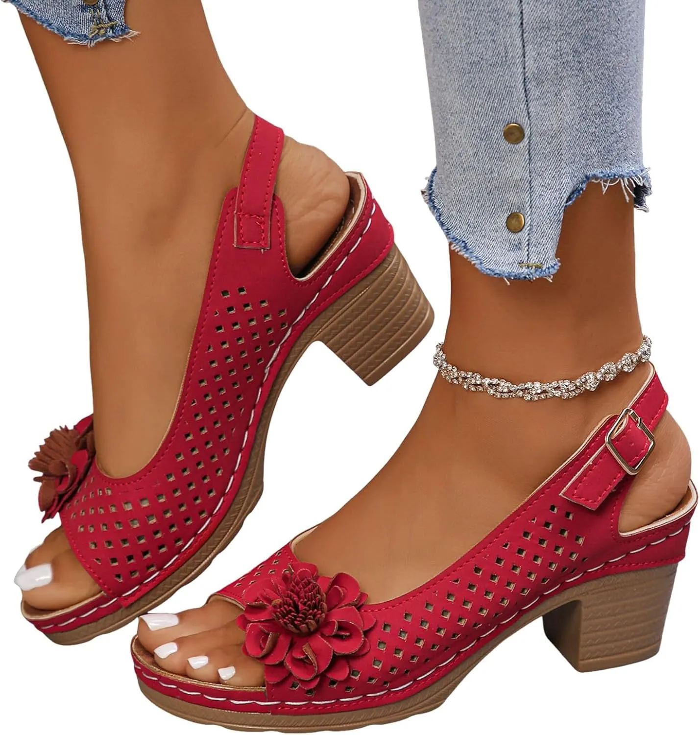 Womens Chunky High Block Heels Sandals 2025 Summer Fish Mouth Flowers Casual Ankle Strap Hollow Out Platform Wedge Open Toe Arch Support Casual Boho Sandal