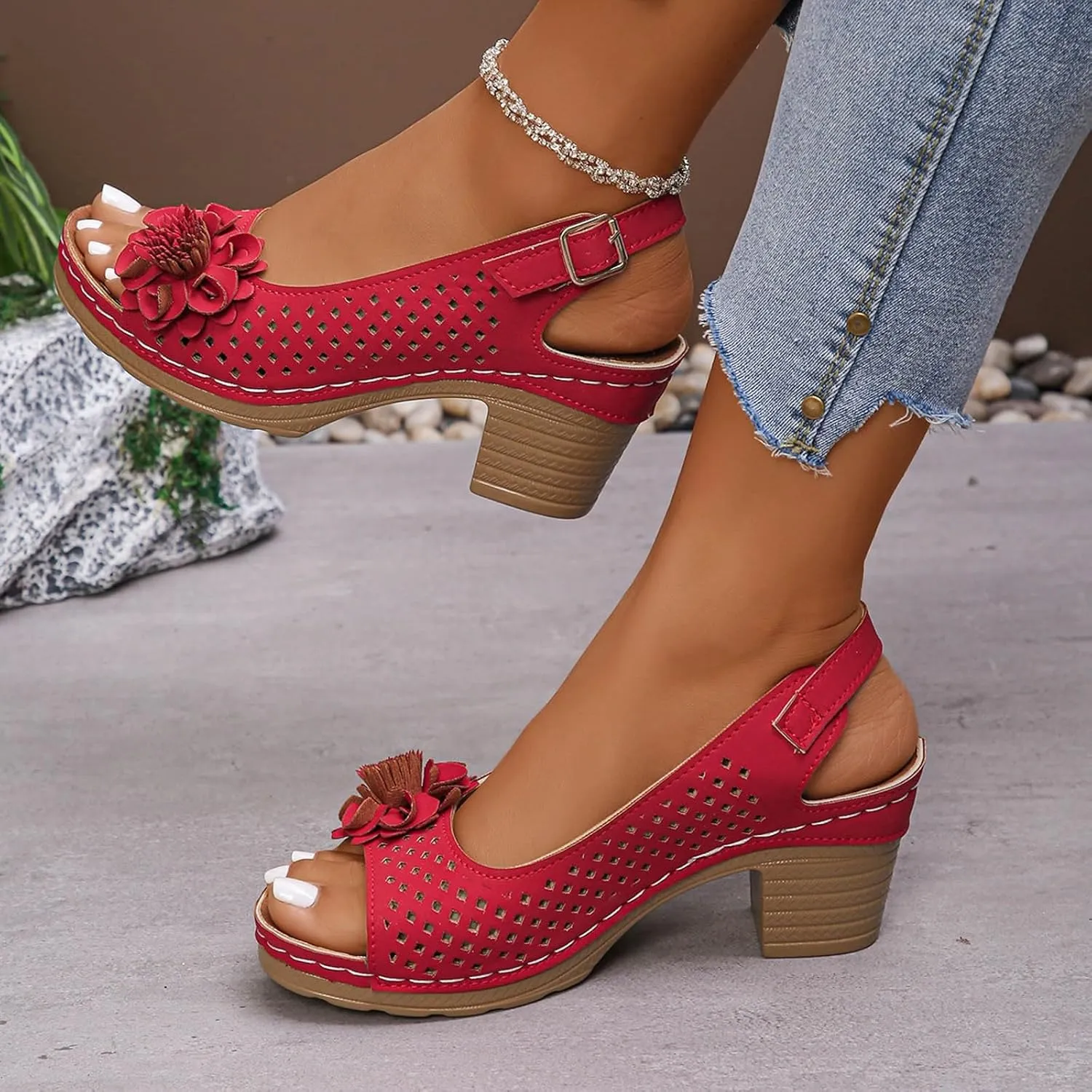 Womens Chunky High Block Heels Sandals 2025 Summer Fish Mouth Flowers Casual Ankle Strap Hollow Out Platform Wedge Open Toe Arch Support Casual Boho Sandal