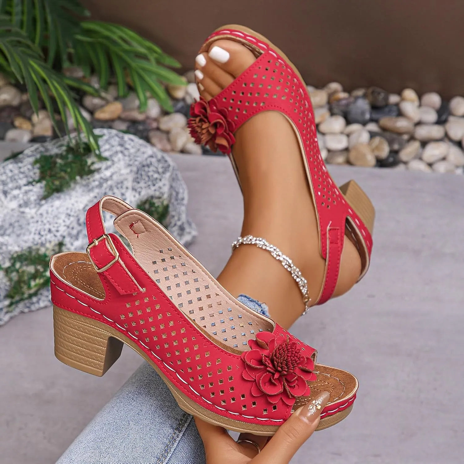 Womens Chunky High Block Heels Sandals 2025 Summer Fish Mouth Flowers Casual Ankle Strap Hollow Out Platform Wedge Open Toe Arch Support Casual Boho Sandal