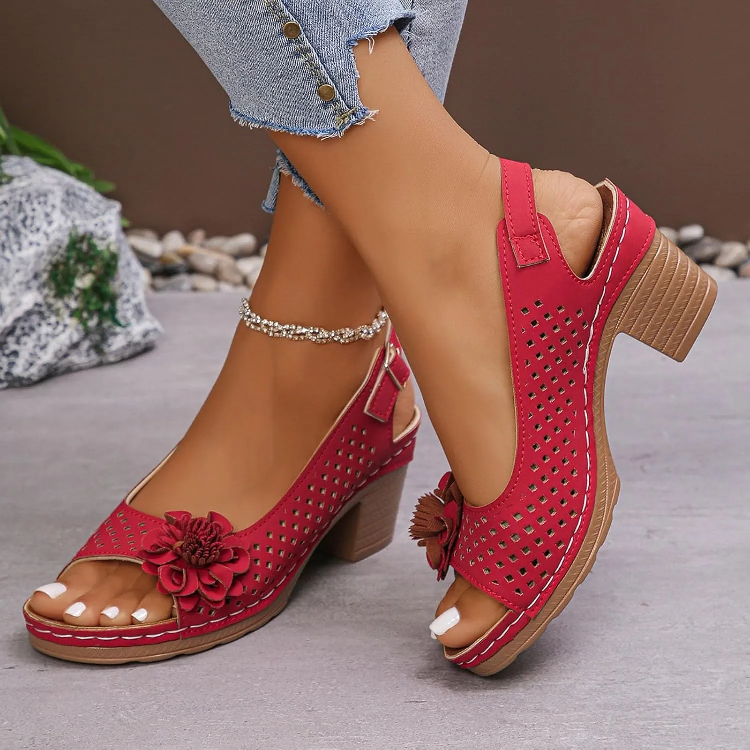 Womens Chunky High Block Heels Sandals 2025 Summer Fish Mouth Flowers Casual Ankle Strap Hollow Out Platform Wedge Open Toe Arch Support Casual Boho Sandal