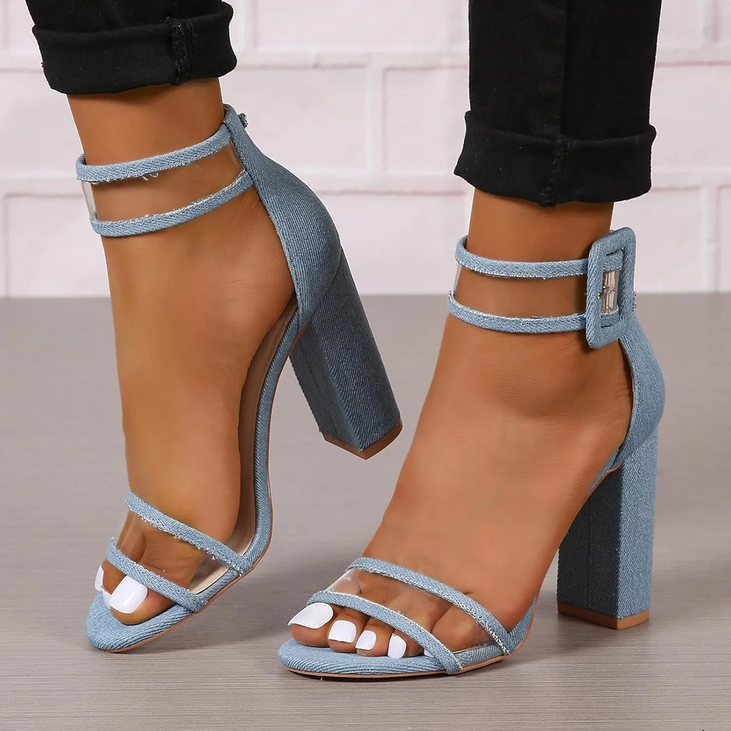 Women's Chunky High Heels Sandals Comfy Transparent Open Toe Ankle Strap Dress Pump Low Chunky Heeled Dress Shoes