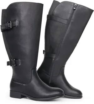 Women's Classic Extra Wide Calf Flat Heel Double Buckle Back Stretch Knee High Boots