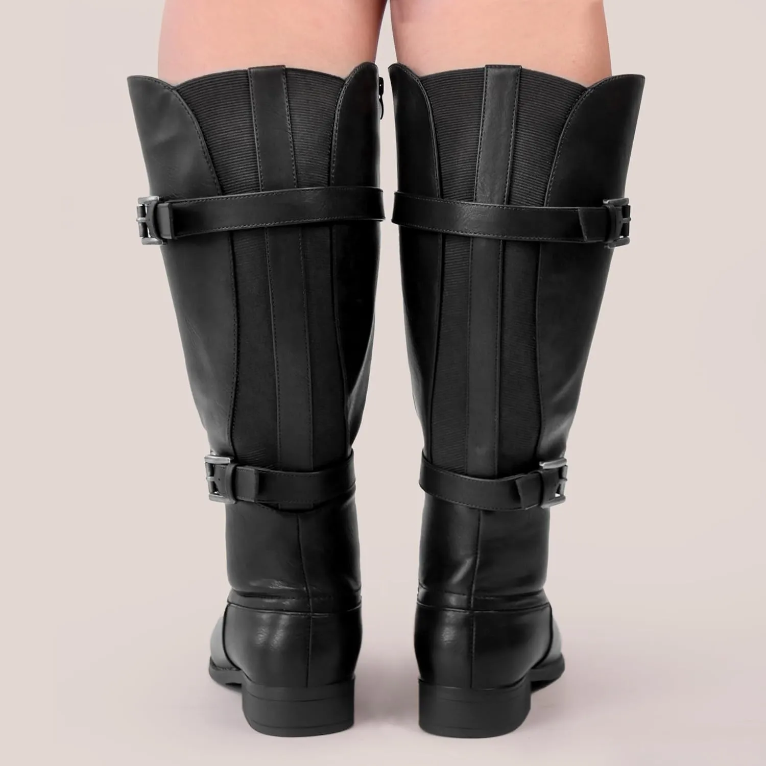 Women's Classic Extra Wide Calf Flat Heel Double Buckle Back Stretch Knee High Boots